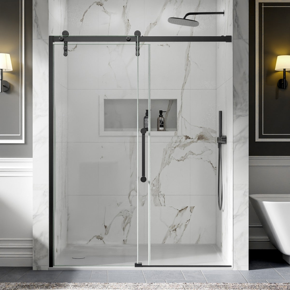 56-60" x 76" Shower Doors Sliding Frameless, Matte Black | ExBrite Elysian-R Series