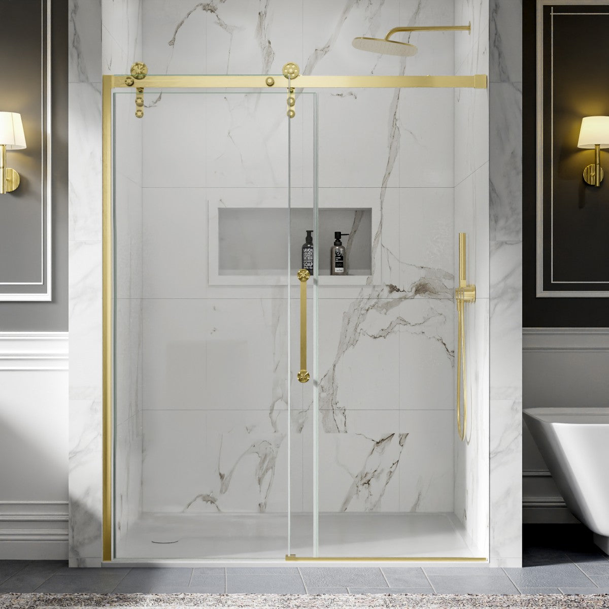 56-60" x 76" Frameless Barn Door Style Shower Door - Brushed Gold, Easy Clean, Fixed Glass Left | ExBrite Elysian-S Series
