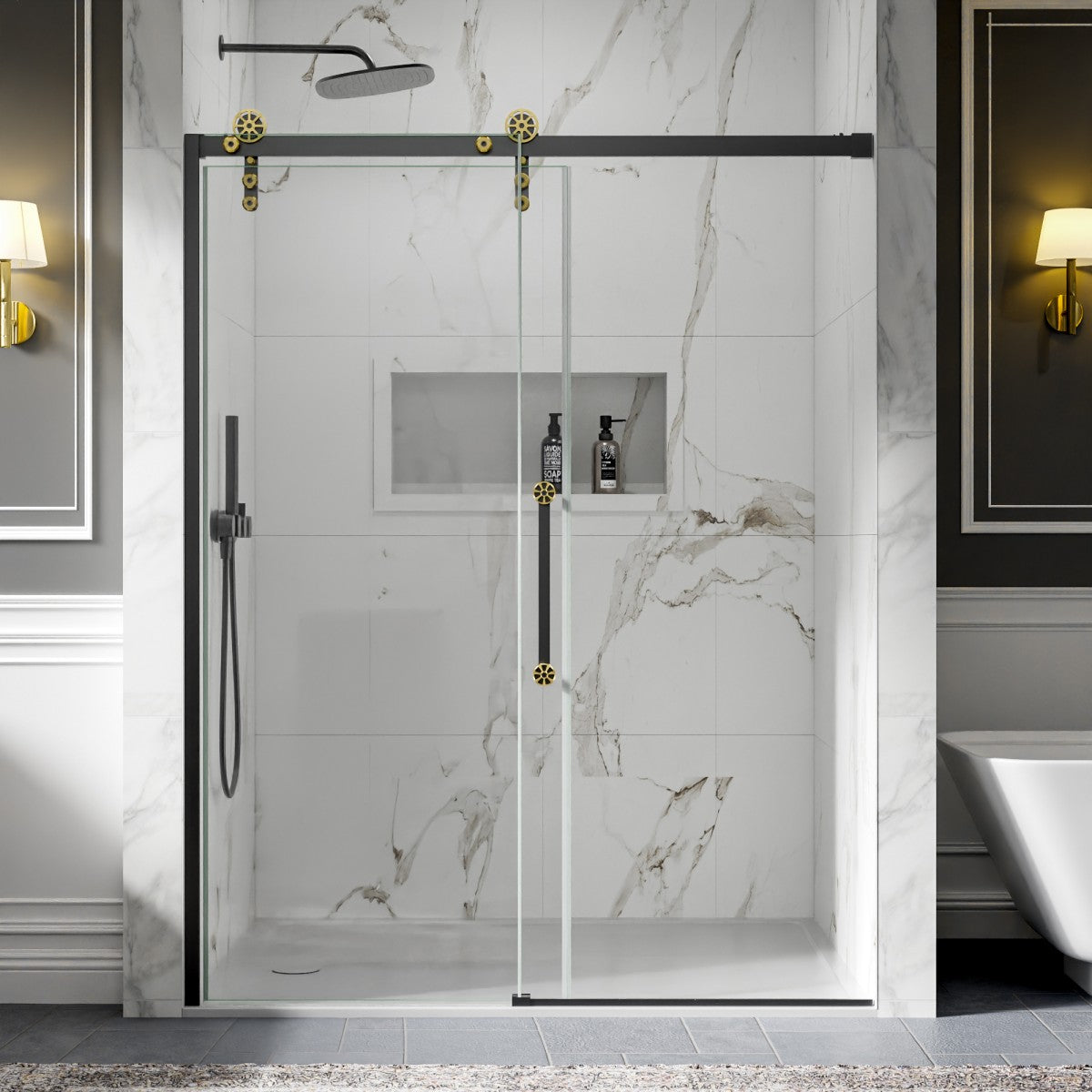 56-60" x 76" Frameless Sliding Shower door,Black Gold,Easy clean,Fixed Glass Left|ExBrite Elysian-F Series