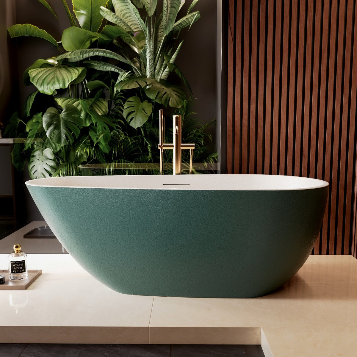 Allsumhome RockE 59" Imitation Natural Stone Freestanding Bathtub,Stone Touch,Avocado Green,Scratch-proof,cUPC Certified