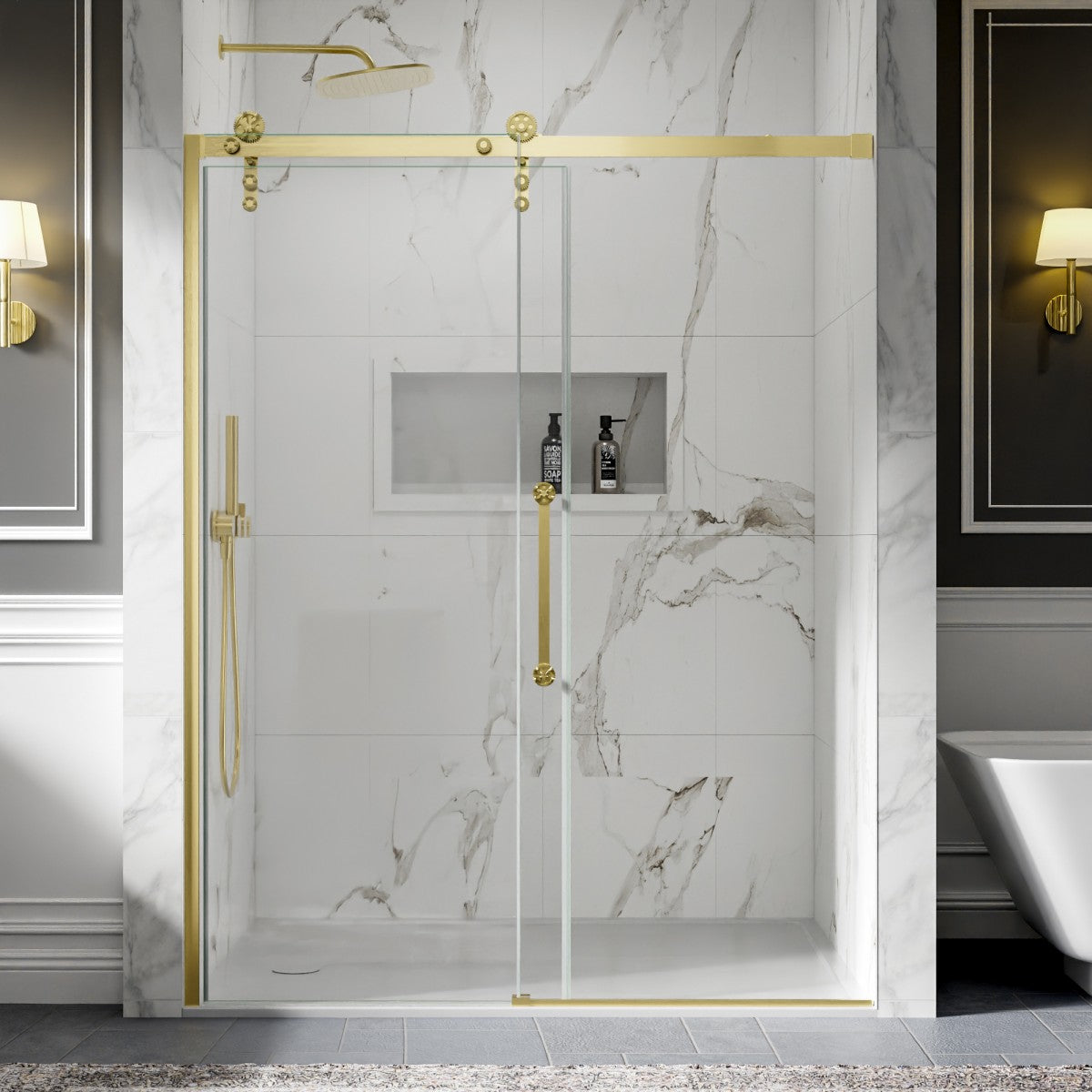 56-60" x 76" Frameless Sliding Shower door,Brushed Gold,Easy clean,Fixed glass left|ExBrite Elysian-S Series