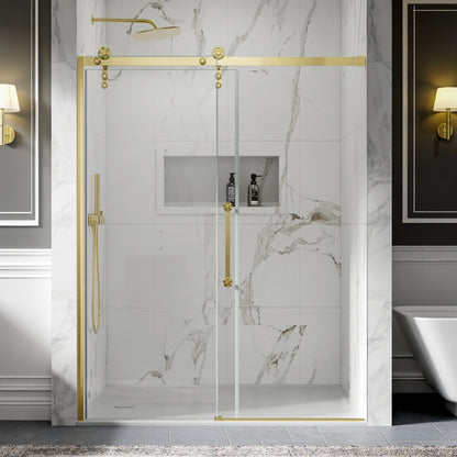 56-60" x 76" Frameless Sliding Shower door,Brushed Gold,Easy clean,Fixed glass left|ExBrite Elysian-S Series