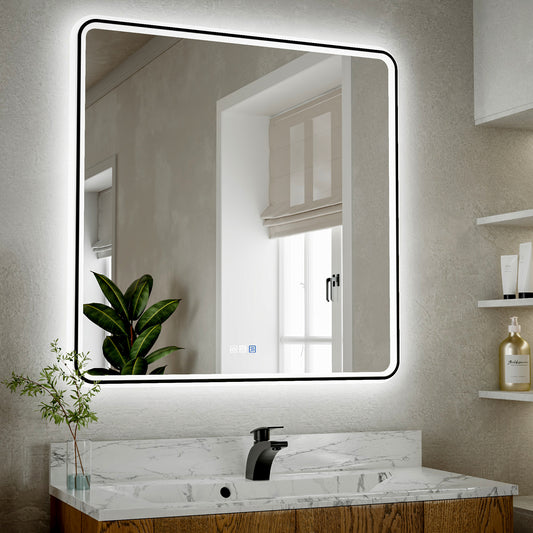 Lumina 36" W x 36" H LED Lighted Bathroom Mirror,High Illuminate, Inner & Outer Lighting,Anti-Fog, Dimmable,Black Frame with Rounded Corners