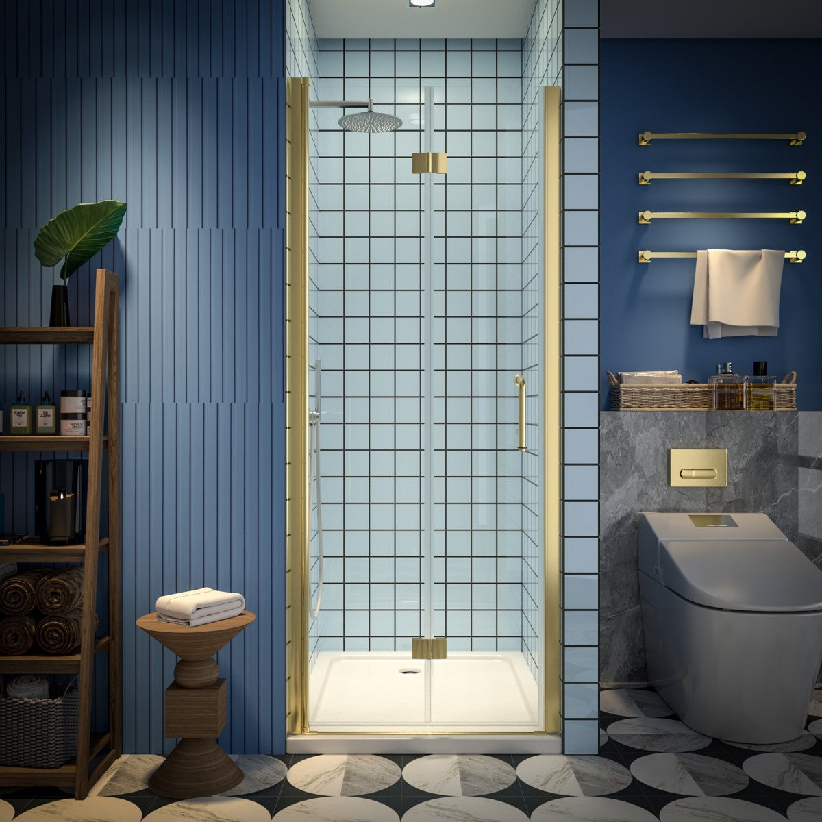 Exbrite Adapt Bifold Shower Door 30-32 in.W x 72 in.H Pivot Swing Shower Doors,Brushed Gold,Tempered Shower Glass