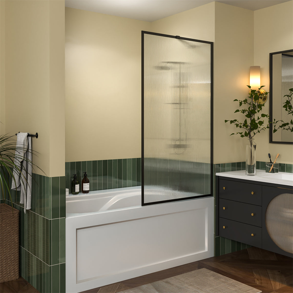 Serenity-RE 33" x 58" Bathtub Screen Reeded Glass Shower Panel For Bathtub,Matte Black Finish,Reversible Installation,Square