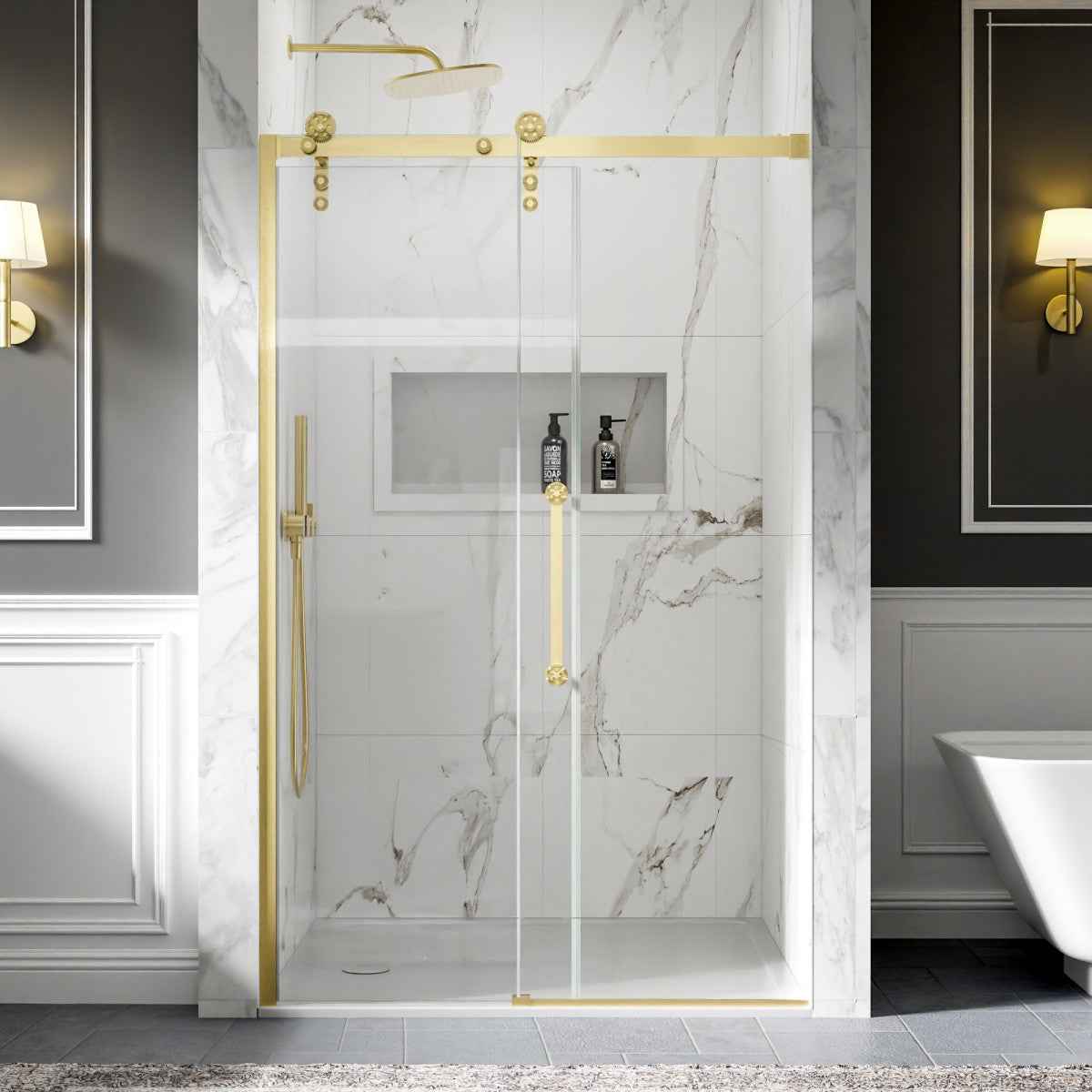 44-48" x 76" Frameless Sliding Shower door,Brushed Gold,Easy clean|ExBrite Elysian-G Series