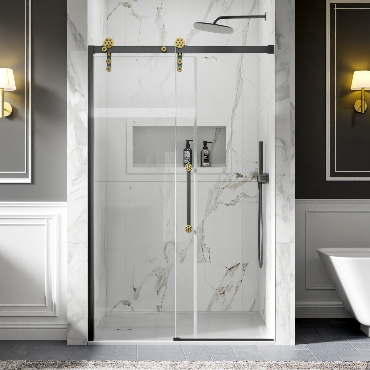 44-48" x 76" Frameless Shower Sliding Door Black Gold Easy Clean Fixed Glass Left ExBrite Elysian-S Series