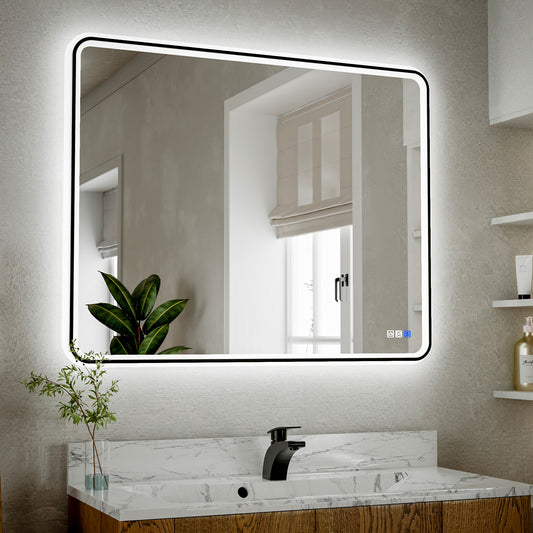 Lumina 40" W x 32" H LED Lighted Bathroom Mirror,High Illuminate, Inner & Outer Lighting,Anti-Fog, Dimmable,Black Frame with Rounded Corners