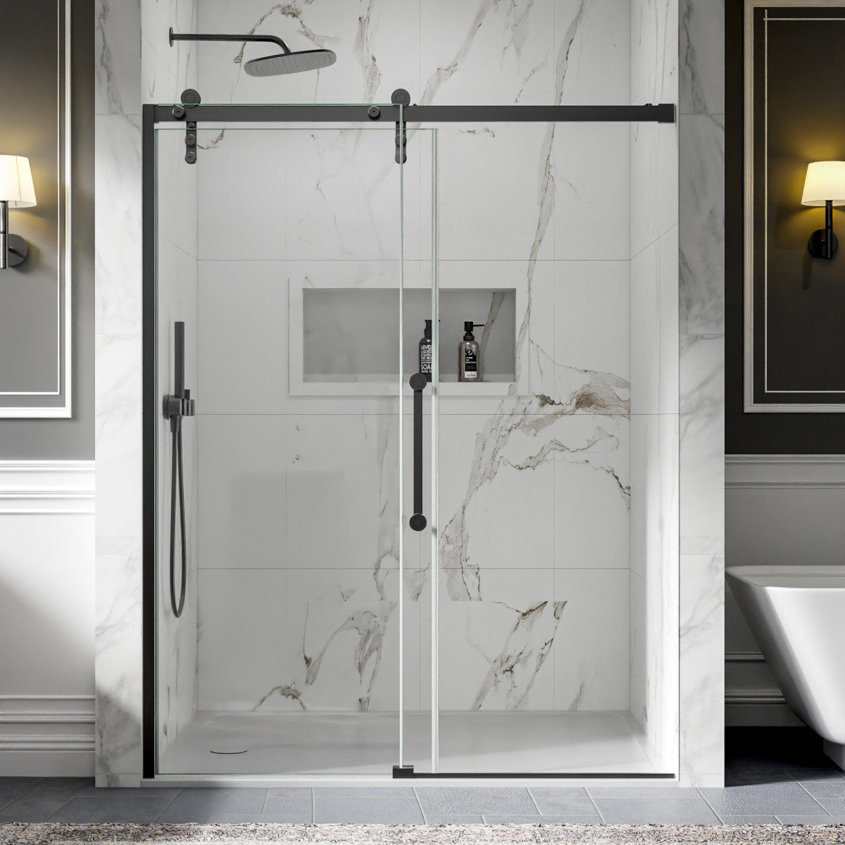 56-60" x 76" Frameless Sliding Shower door,Matte Black,Easy clean,Fixed Glass Left|ExBrite Elysian-R Series