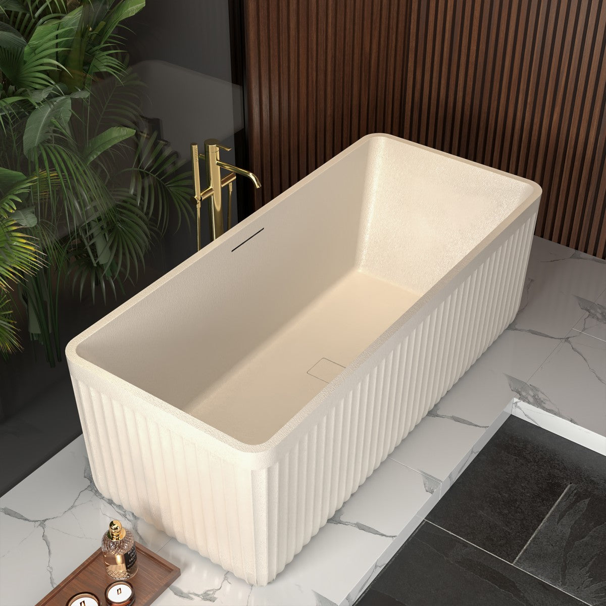 Allsumhome RockF 57 Freestanding Soaker Bathtubs - Stone Touch in Milky Coffee, Scratch-proof, cUPC Certified Freestanding Bath Tubs