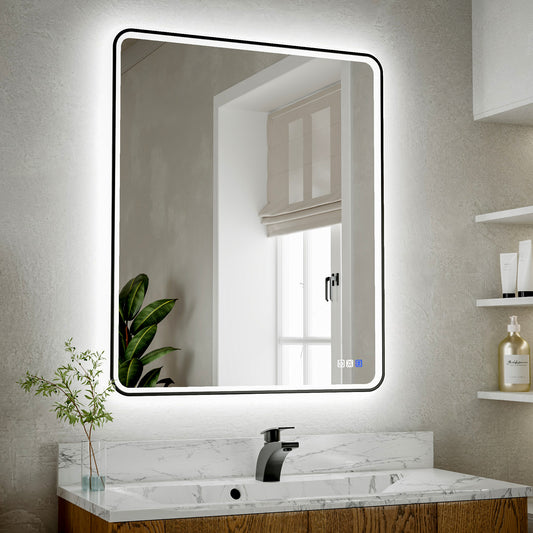 Lumina 30" W x 36" H LED Lighted Bathroom Mirror,High Illuminate, Inner & Outer Lighting,Anti-Fog, Dimmable,Black Frame with Rounded Corners