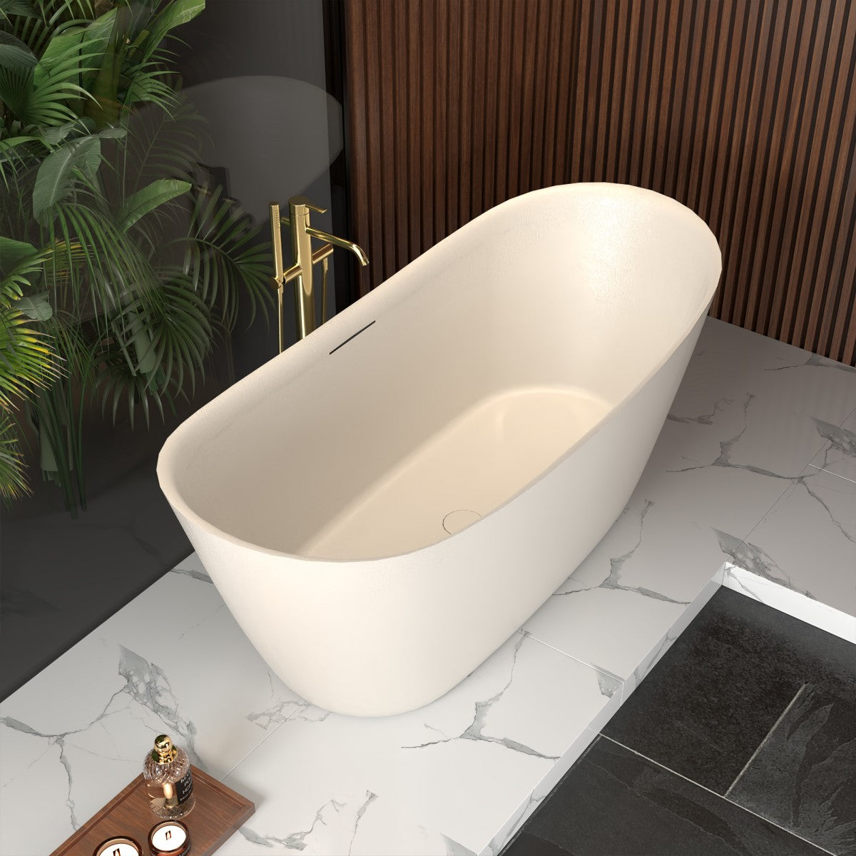 Allsumhome RockEB 67" Freestanding Bathtub - Stone Touch in Milky Coffee, Scratch-proof, cUPC Certified Freestanding Bath Tubs