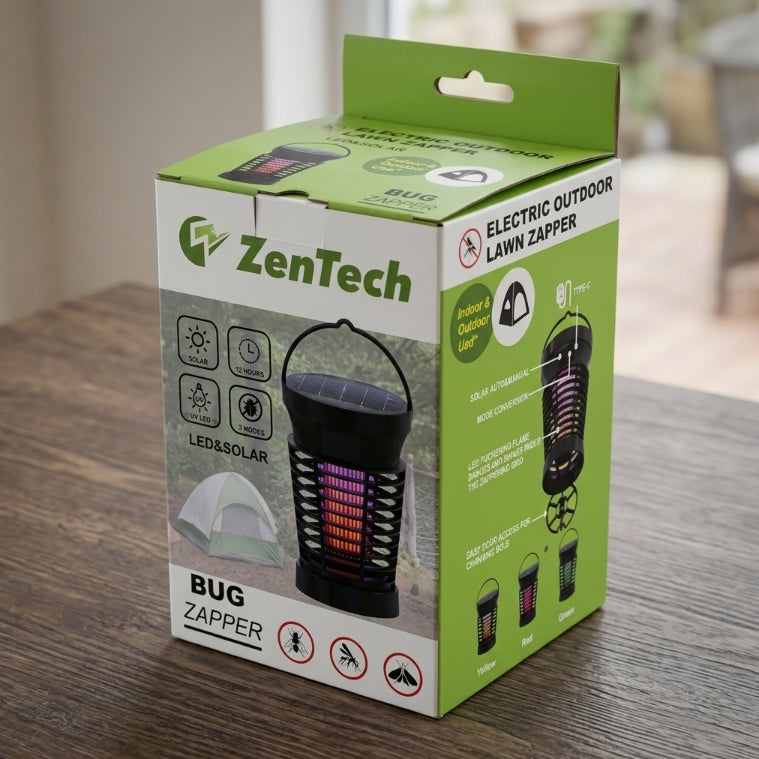 ZenTech® Solar Bug Zapper with UV LED Light, Flickering Flame Effect and Hanging Handle for Patios and Camping