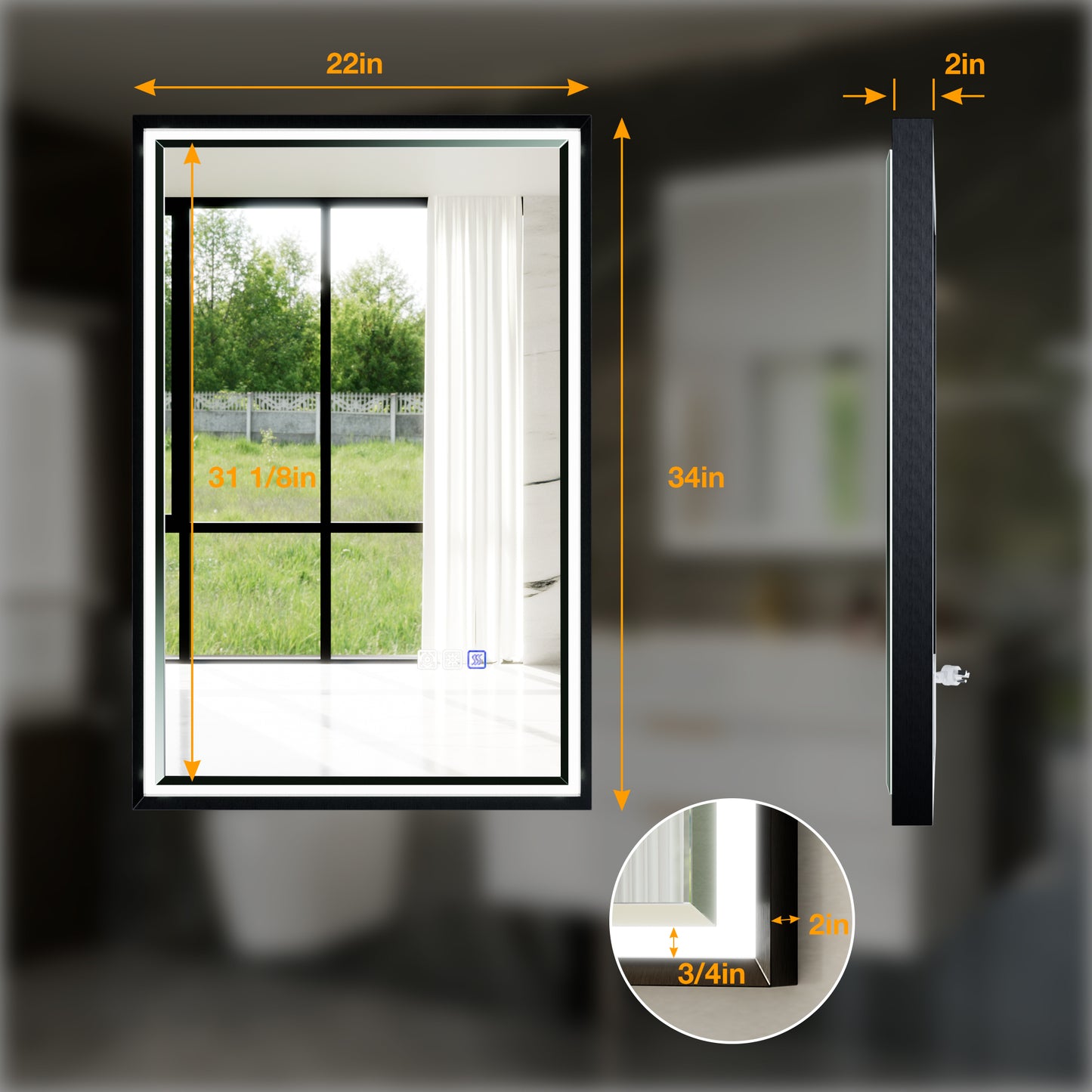 Verloar 22" W x 34" H Dimmable Lighted Bath Mirror with Light, Anti Fog and Matte Black Frame