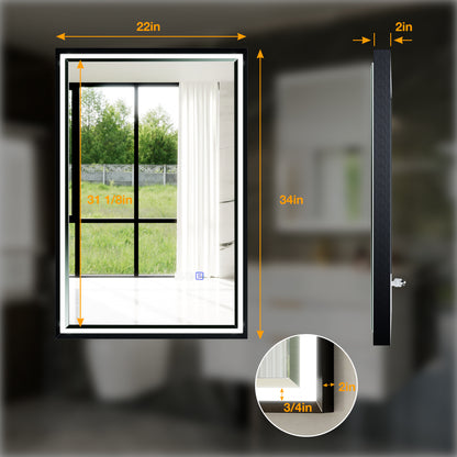 Verloar 22" W x 34" H Dimmable Lighted Bath Mirror with Light, Anti Fog and Matte Black Frame