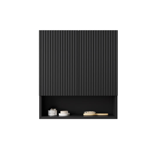 26' Wall-Mounted Striped Bathroom Cabinet, with Doors, Shelf and Open Storage Compartment Over The Toilet Storage Cabinet for Bathroom, Kitchen, Laundry Room, Black Color|TOBI