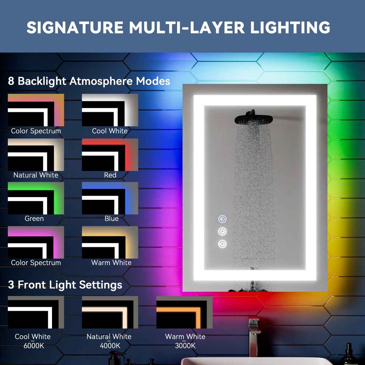 DYLUX 20"x 28"RGB Smart LED Bathroom Mirror–Color Changing Backlit Mirror with Anti-Fog & Dimmable Touch Control