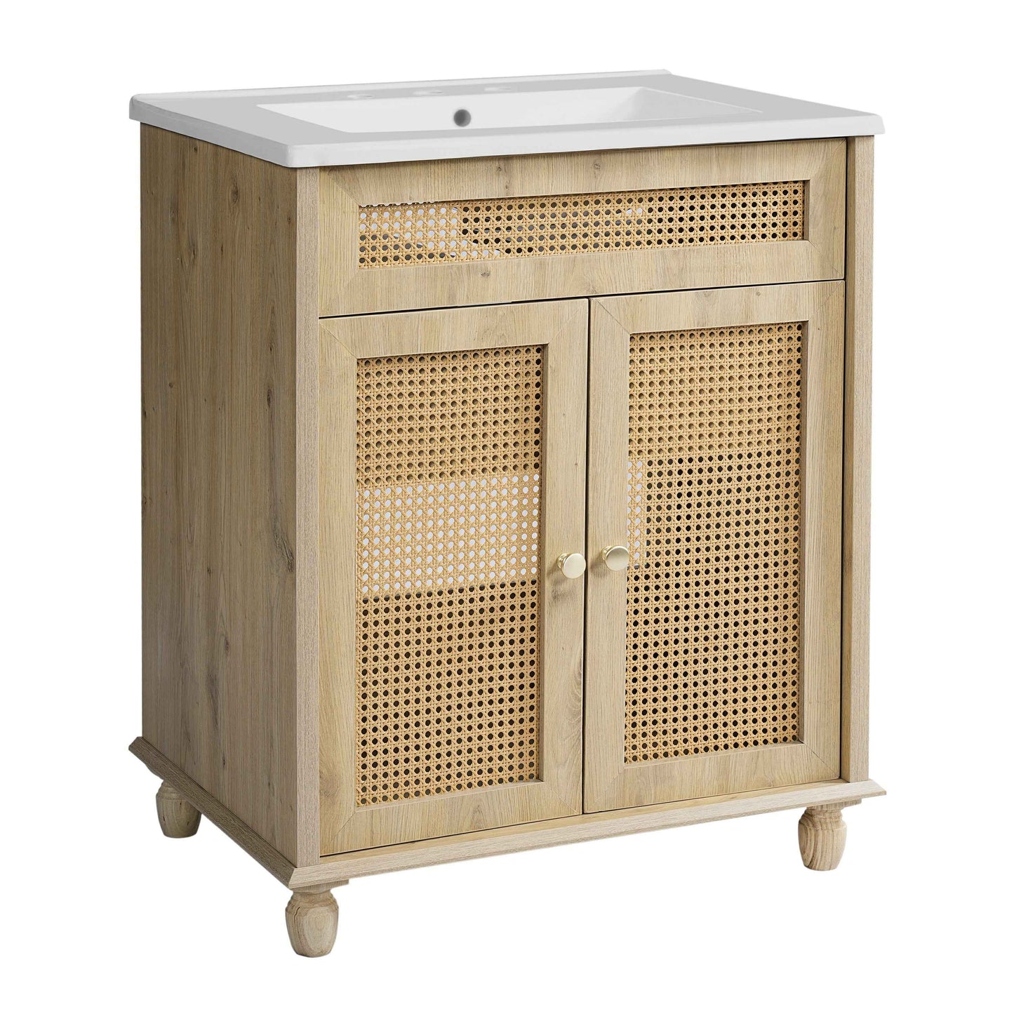 ExBrite 30" Bathroom Vanity with Resin Sink, Solid Wood Legs & Handwoven Rattan Doors for Modern Bathroom Storage