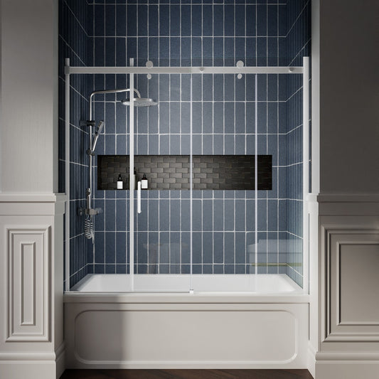 Zephyr 56-60" Semi-Frameless Single Sliding Tub Door,Chrome,Bypass Bathtub Shower Tempered Glass Door with Explosion-Proof Film