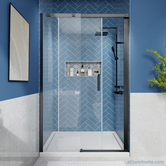 Lock Adjustable 44-48"W x 74"H Sliding Glass Shower Door with 8mm Clear Tempered Glass,Stainless Steel Hardware Mattel Black,Rectangle Shower Door