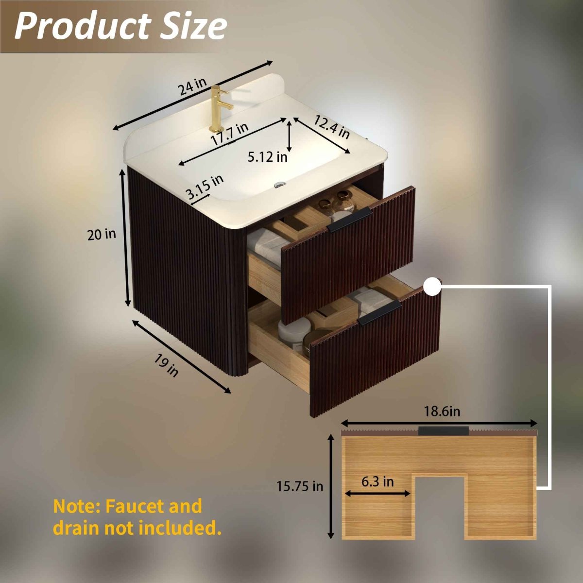 24 inch Floating Bathroom Vanity with Sink, Pre-Assembled, Wall Mounted Plywood Bathroom Storage Cabinet with Safety Rounded,Large Soft-Close Fluted Drawers & Metal Handles