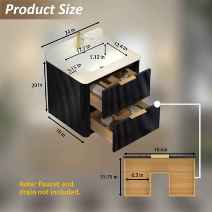 24 inch Floating Bathroom Vanity with Sink, Pre-Assembled, Wall Mounted Plywood Bathroom Storage Cabinet with Safety Rounded,Large Soft-Close Fluted Drawers & Metal Handles