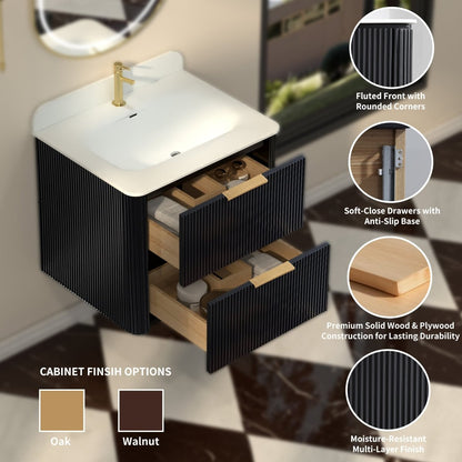24 inch Floating Bathroom Vanity with Sink, Pre-Assembled, Wall Mounted Plywood Bathroom Storage Cabinet with Safety Rounded,Large Soft-Close Fluted Drawers & Metal Handles
