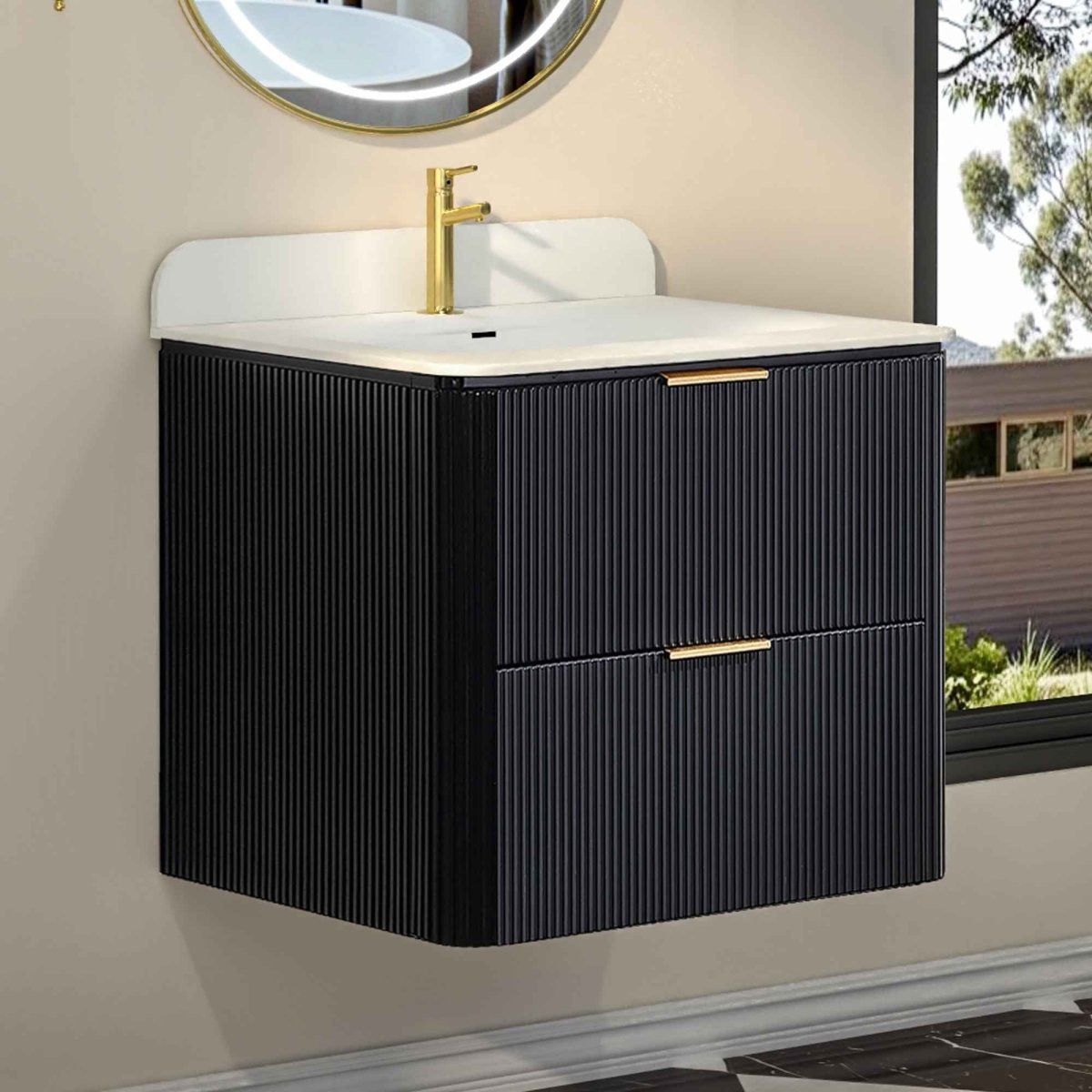24 inch Floating Bathroom Vanity with Sink, Pre-Assembled, Wall Mounted Plywood Bathroom Storage Cabinet with Safety Rounded,Large Soft-Close Fluted Drawers & Metal Handles