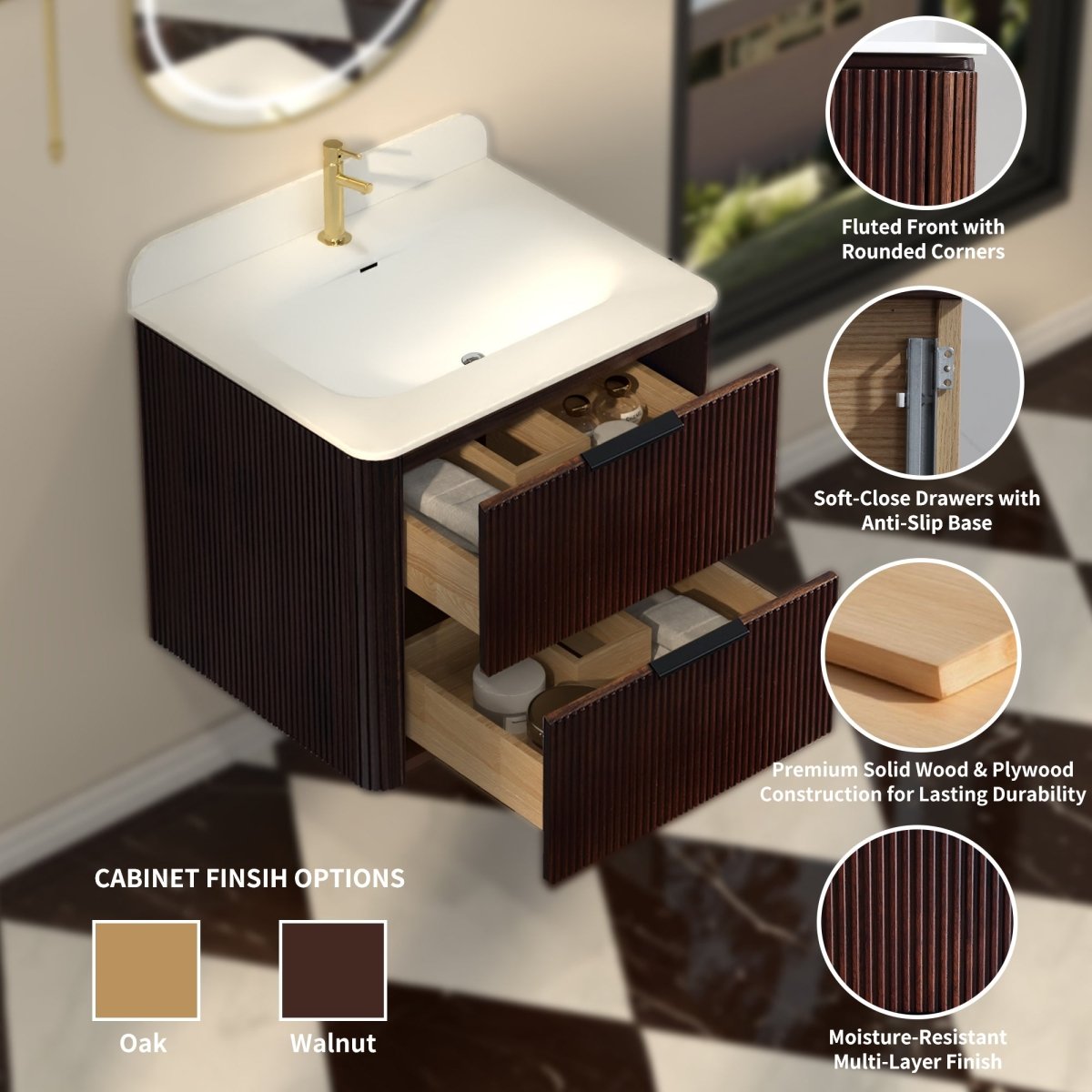 24 inch Floating Bathroom Vanity with Sink, Pre-Assembled, Wall Mounted Plywood Bathroom Storage Cabinet with Safety Rounded,Large Soft-Close Fluted Drawers & Metal Handles