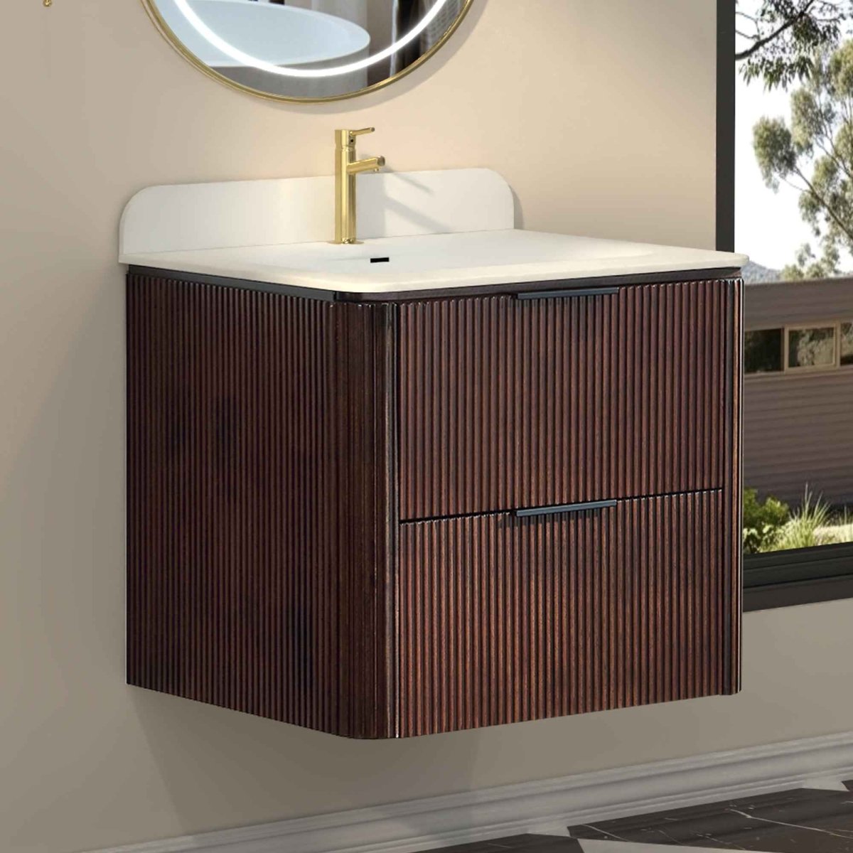 24 inch Floating Bathroom Vanity with Sink, Pre-Assembled, Wall Mounted Plywood Bathroom Storage Cabinet with Safety Rounded,Large Soft-Close Fluted Drawers & Metal Handles