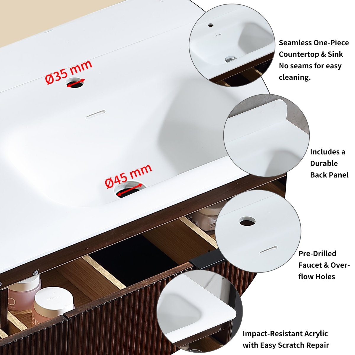 24 inch Floating Bathroom Vanity with Sink, Pre-Assembled, Wall Mounted Plywood Bathroom Storage Cabinet with Safety Rounded,Large Soft-Close Fluted Drawers & Metal Handles