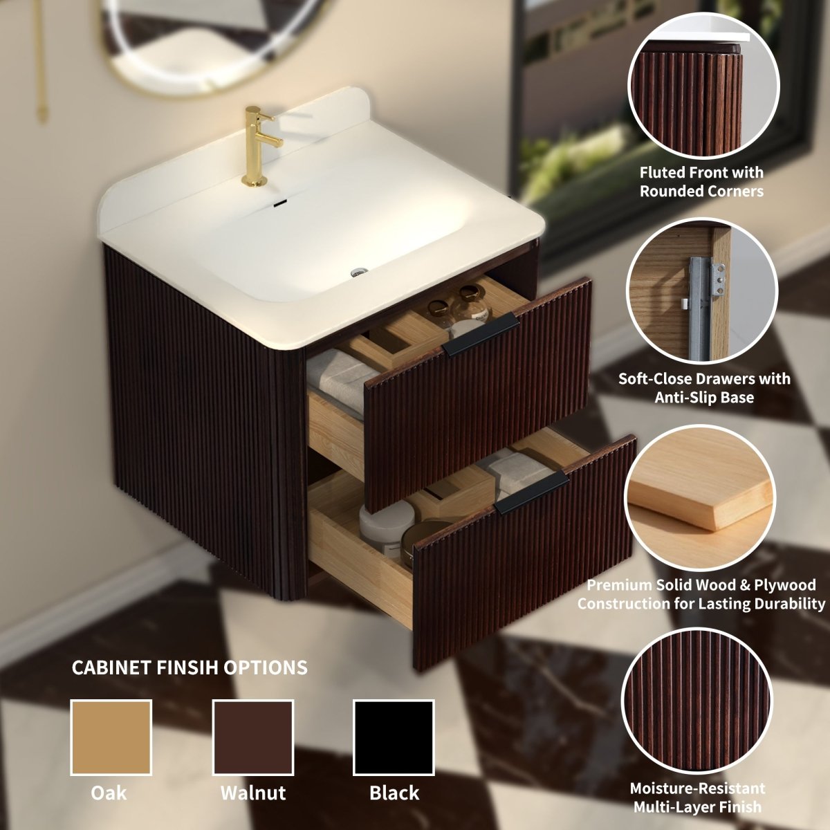 24 inch Floating Bathroom Vanity with Sink, Pre-Assembled, Wall Mounted Plywood Bathroom Storage Cabinet with Safety Rounded,Large Soft-Close Fluted Drawers & Metal Handles