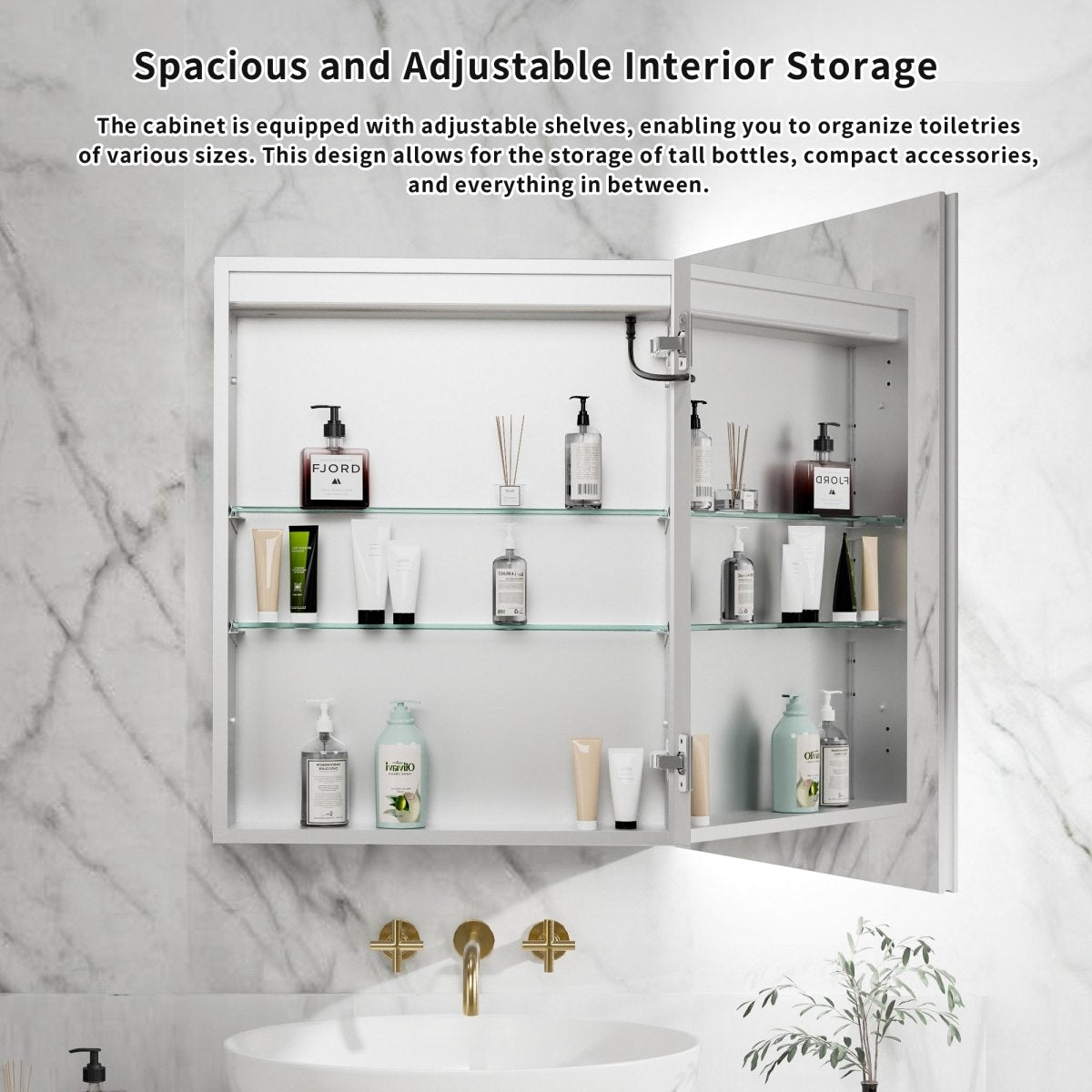 Rim-s 24 x 30 inch medicine cabinet with open mirrored door and interior storage