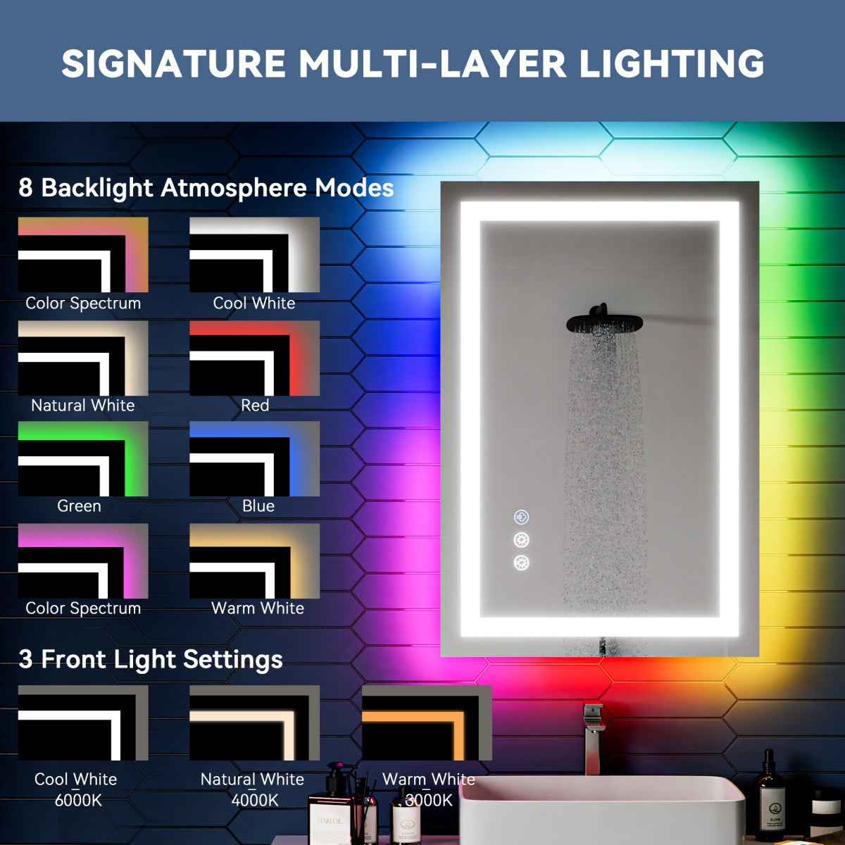 24"x 36" RGB Smart LED Bathroom Mirror–Color Changing Backlit Mirror with Anti-Fog & Dimmable Touch Control|Exbrite DYLUX