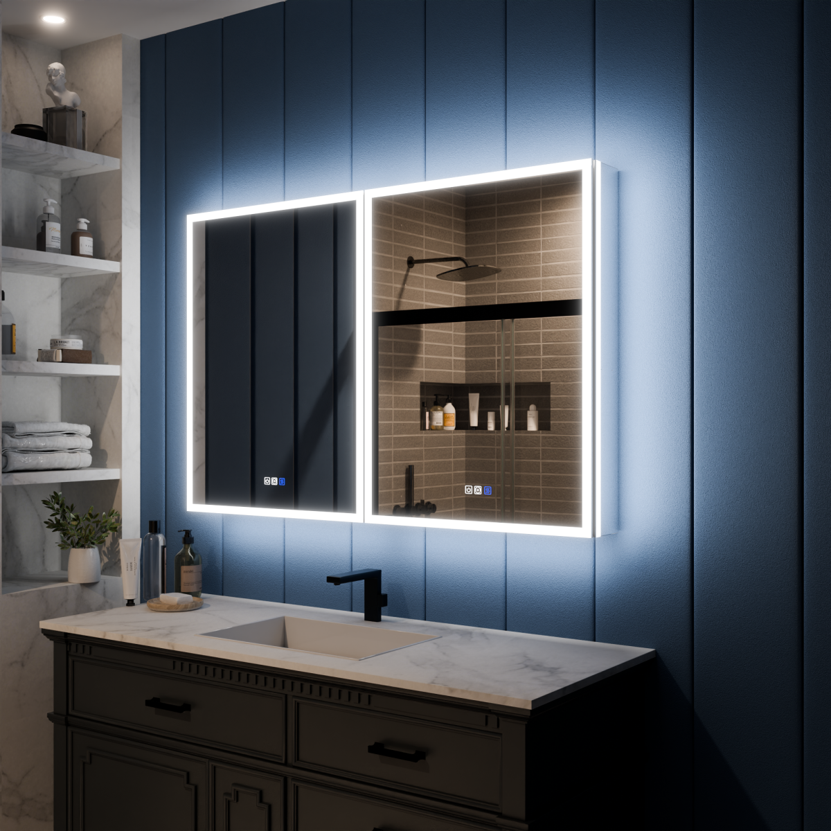 Illusion 48" x 32" LED Lighted Medicine Cabinet with Magnifiers Front and Back Light-with Clock