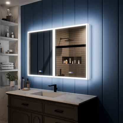 Illusion 48" x 32" LED Lighted Medicine Cabinet with Magnifiers Front and Back Light-with Clock