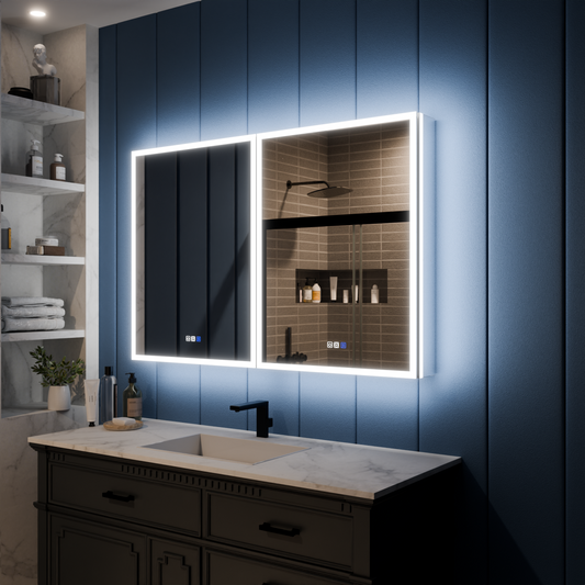 Illusion 48" x 32" LED Lighted Medicine Cabinet with Magnifiers Front and Back Light-with Clock