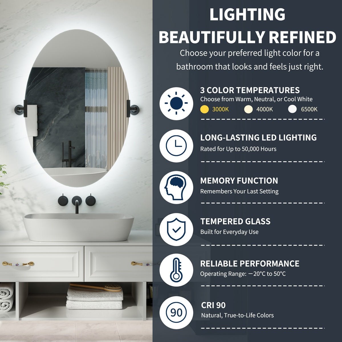 24"x 36" Navi-pro Frameless Oval 3-Color Backlit Pivoting LED Bathroom Mirror
