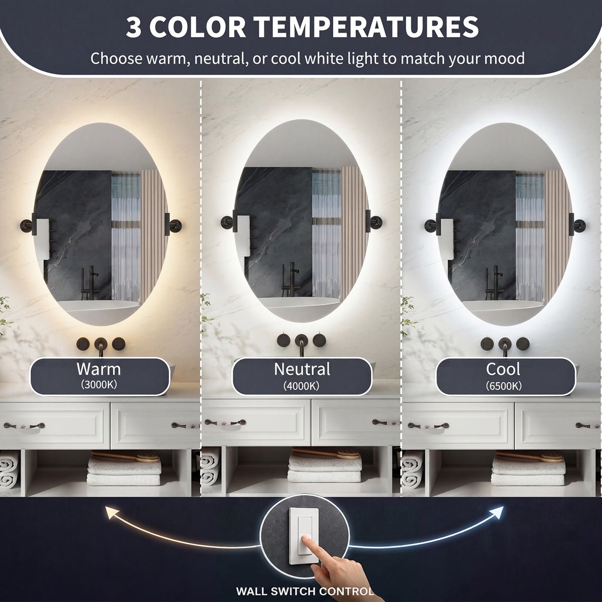 24"x 36" Navi-pro Frameless Oval 3-Color Backlit Pivoting LED Bathroom Mirror