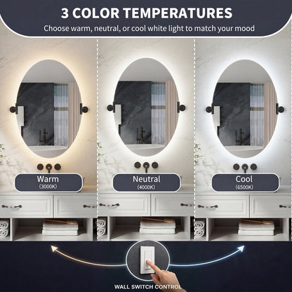 24"x 36" Navi-pro Frameless Oval 3-Color Backlit Pivoting LED Bathroom Mirror