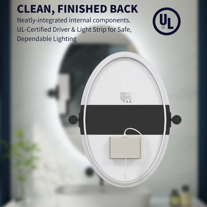 24"x 36" Navi-pro Frameless Oval 3-Color Backlit Pivoting LED Bathroom Mirror
