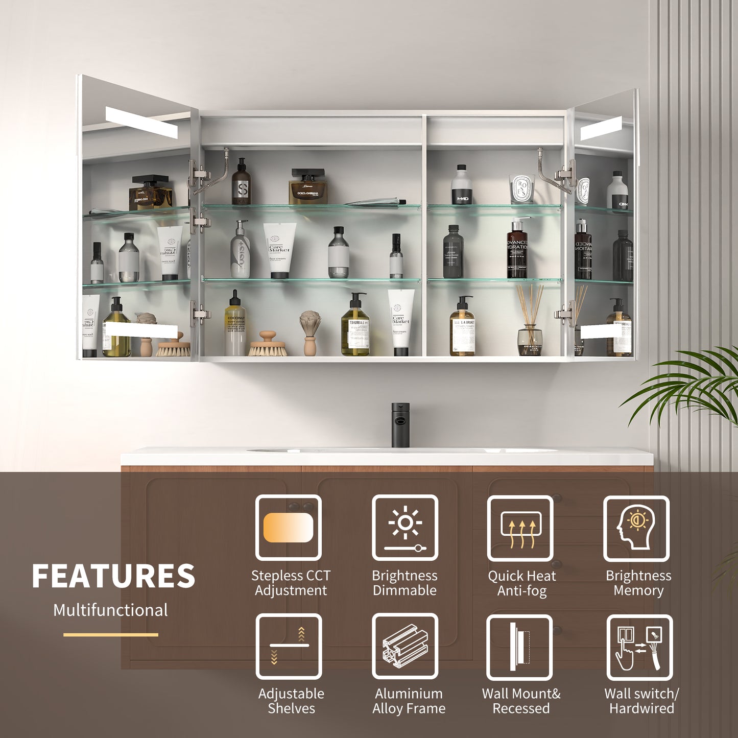 ExBrite 36" x 24" LED Lighted Medicine Cabinet with Adjustable Shelves, Anti-Fog, Beveled Design, Recessed or Surface Mount - ExBriteUSA