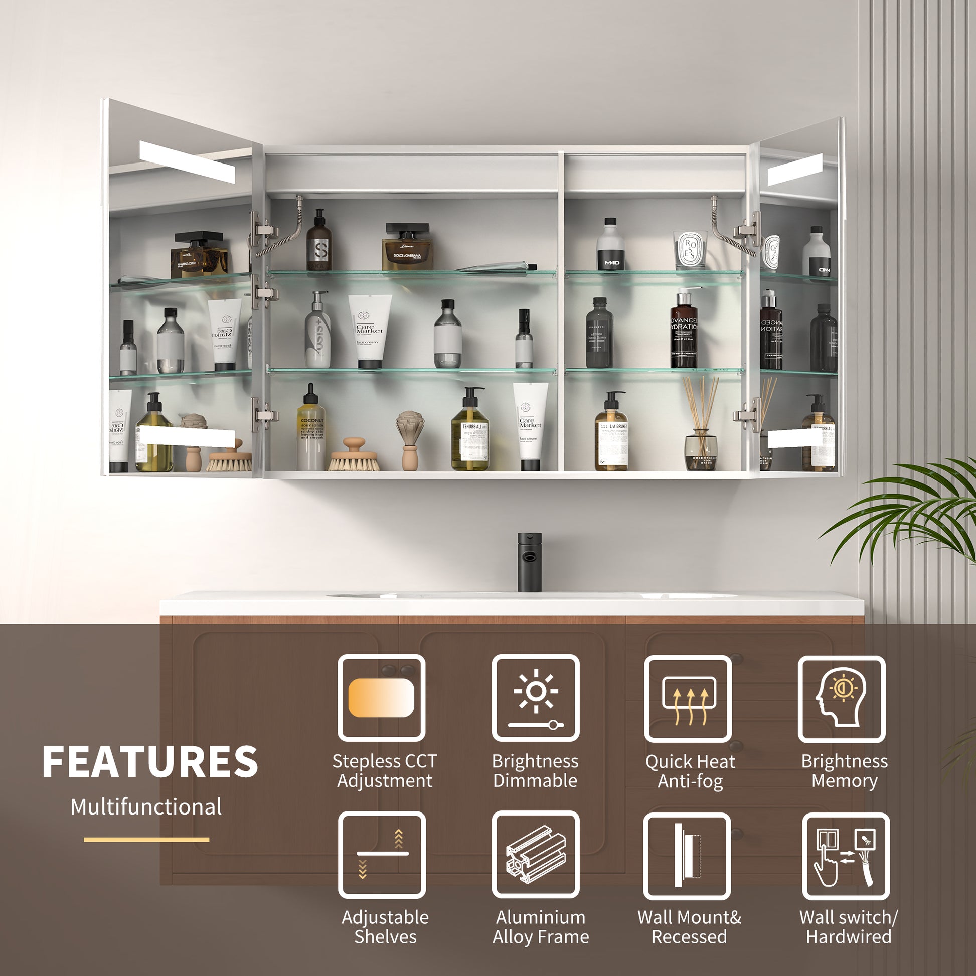 ExBrite 36" x 24" LED Lighted Medicine Cabinet with Adjustable Shelves, Anti-Fog, Beveled Design, Recessed or Surface Mount - ExBriteUSA