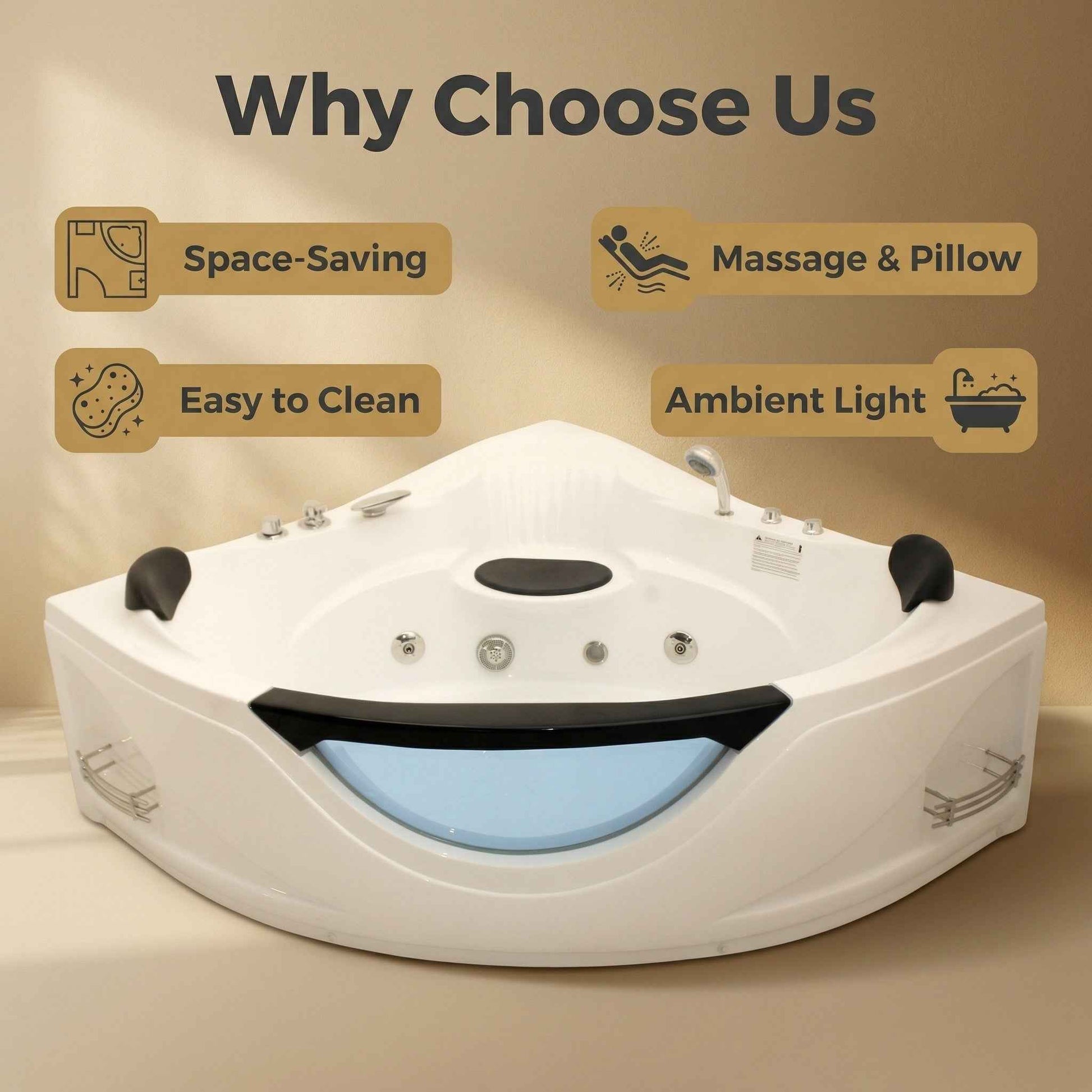 Exbrite 59" Corner Whirlpool Bathtub for 2 Person, Luxury Jetted Spa Tub with 6 Hydro Massage Jets, Chromatherapy LED Lights & Pneumatic adjust system, UL Certified water pump,UPC Certified drainer