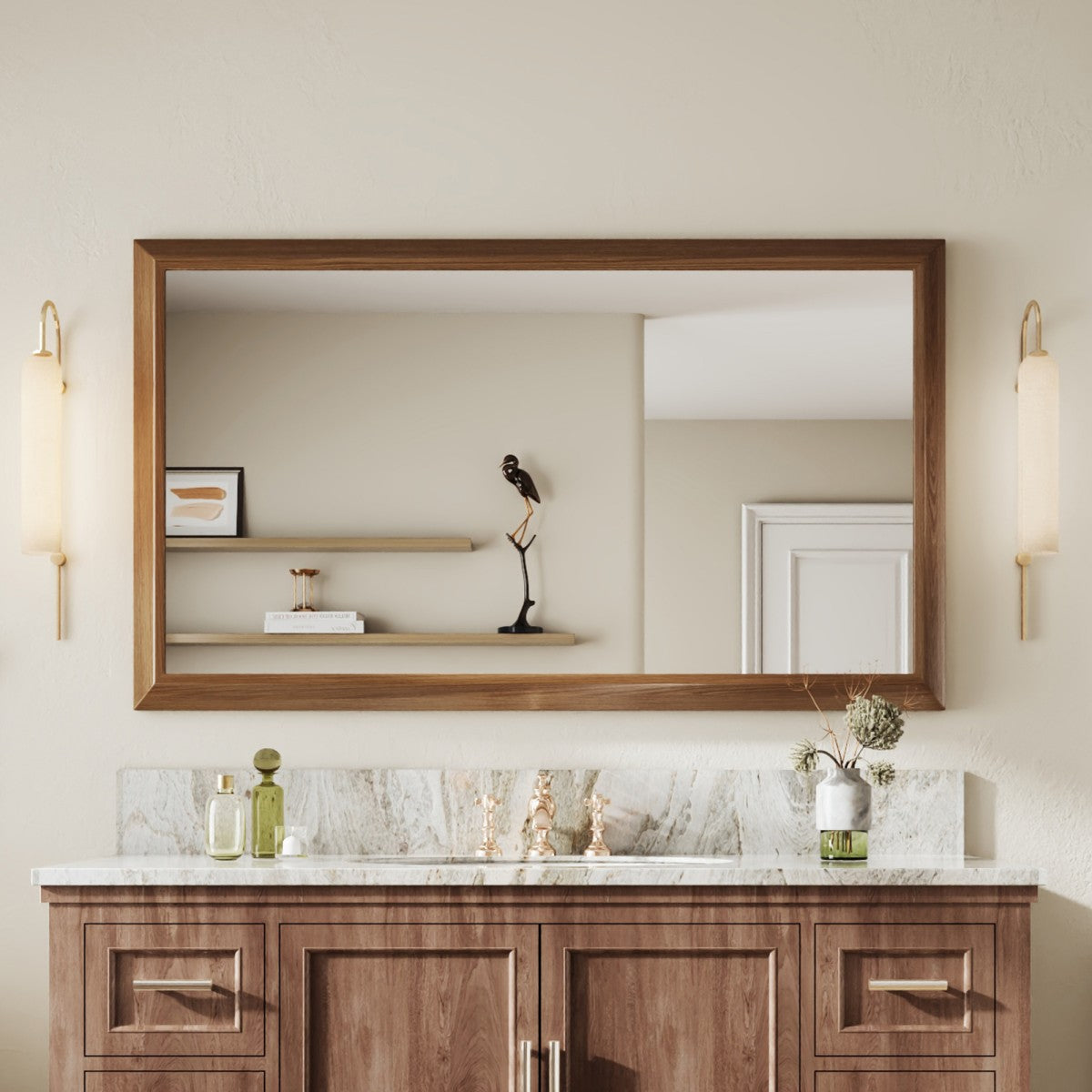 55" x 32" Dark Wood Grain Modern, Elegant Rectangular Wall Mirror with Tempered Glass, Shatterproof, Rust-Resistant Dark Wood Grain Aluminum Frame for Bathroom, Living Room & Hallway| Nolhurst