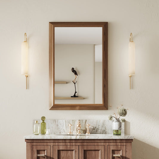 24" x 36" Dark Wood Grain Modern, Elegant Rectangular Wall Mirror with Tempered Glass, Shatterproof, Rust-Resistant Dark Wood Grain Aluminum Frame for Bathroom, Living Room & Hallway| Nolhurst