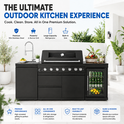 43-Inch 6-Burner 85,000 BTU Stainless Steel Outdoor Kitchen Island Grill with Wine Cooler Refrigerator, Rotisserie Kit, Granite Countertops & Stainless Steel Sink