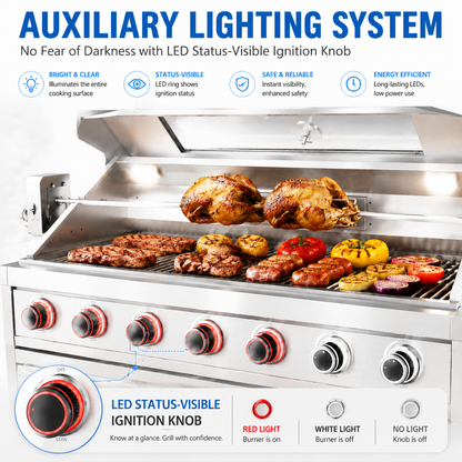 44-Inch 6-Burner 85,000 BTU Deluxe Stainless Steel Gas Outdoor Kitchen Island Grill with Wine Cooler Refrigerator, Rotisserie, Granite Countertops, Storage Cabinets & Drawers