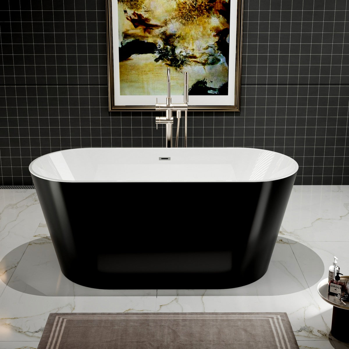PY Exbrite 59' Acrylic Freestanding Bathtub, Stand Alone Soaking Tub, Glossy Black Acrylic, Toe-tap Chrome Drain, cUPC Certified