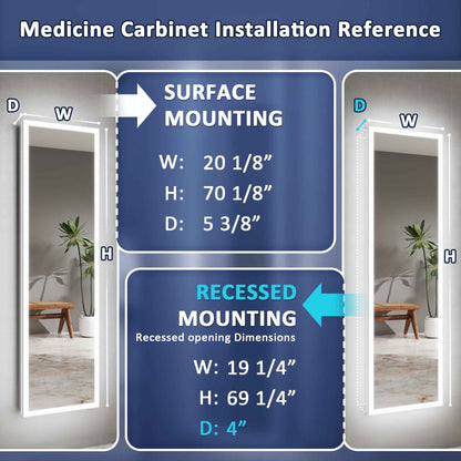 Allsum 20-1/8" x 70-1/8" Lighted Frameless Single Door Medicine Cabinet